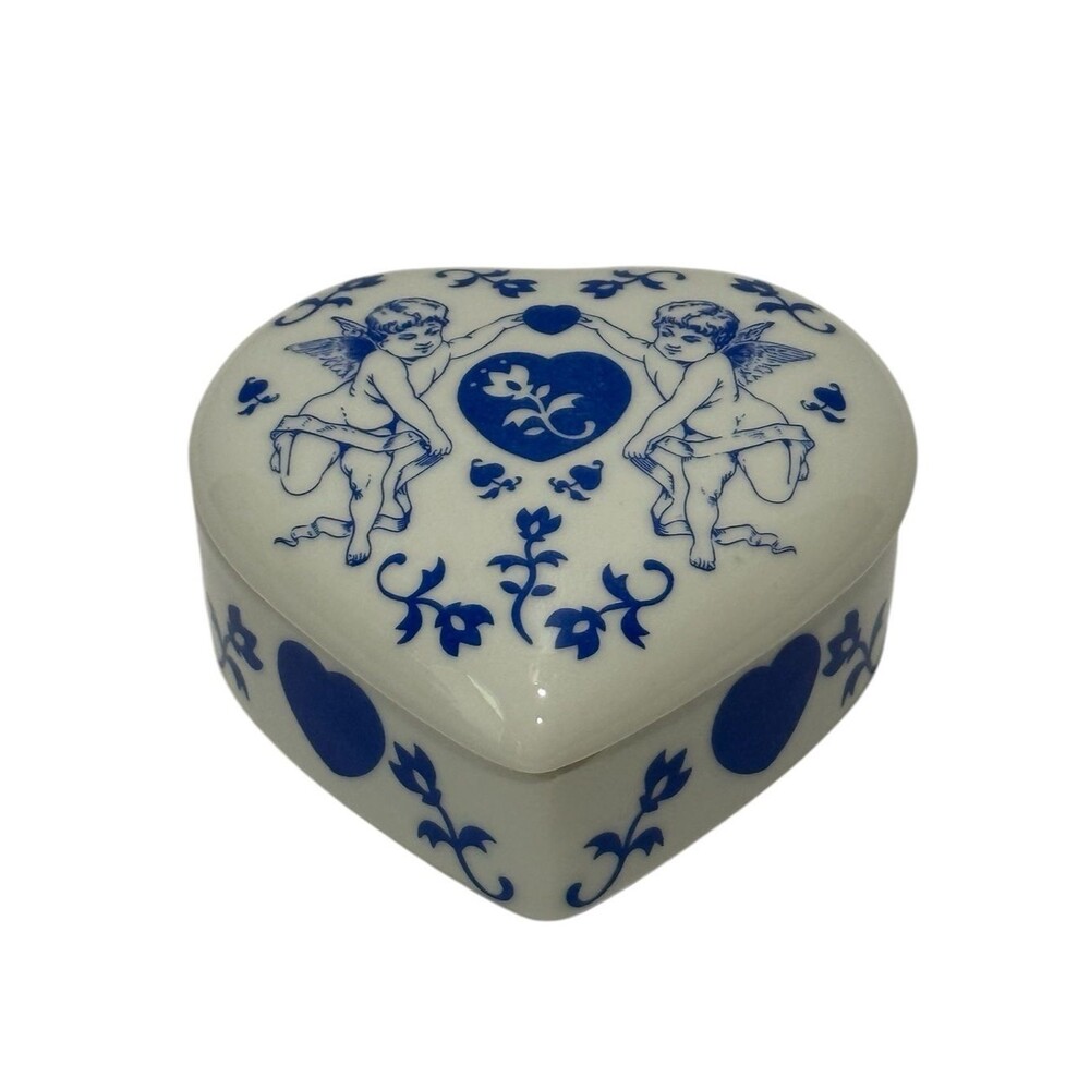 Vintage Heart Shaped Porcelain Cherub Floral Trinket Box